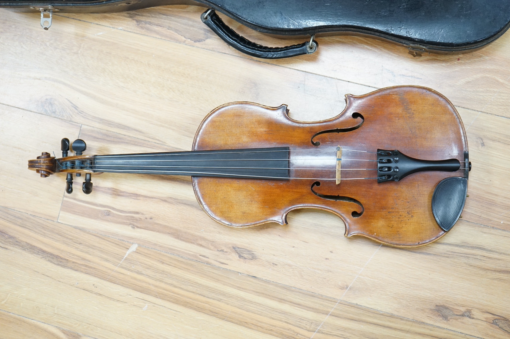 A cased viola, label to interior reads ‘CHR Aug Hammig violin u cellofabrikant, Markneukirchen’, back 39cm. Condition - fair